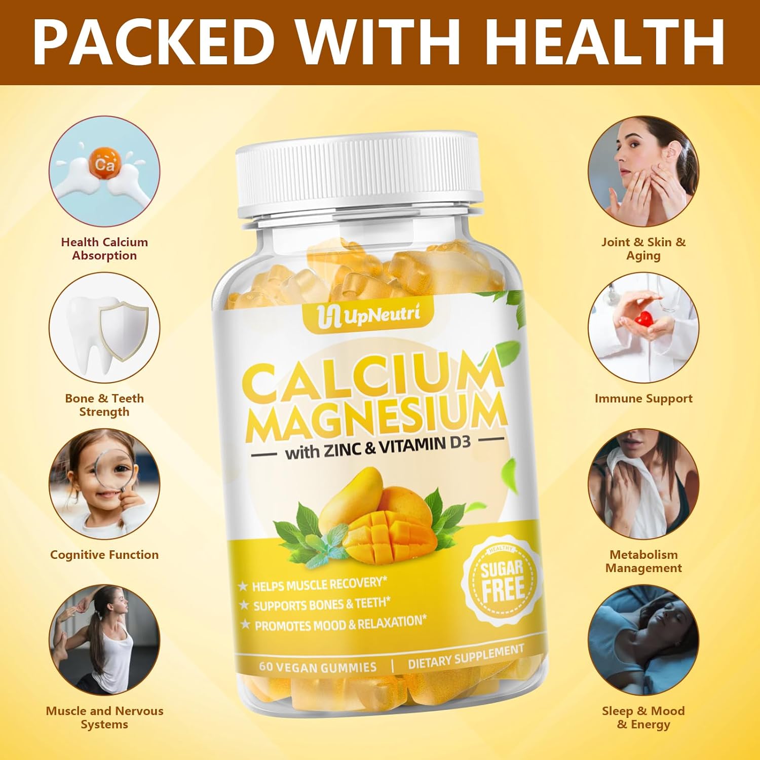 Calcium Magnesium Zinc with Vitamin D3 Supplement, Sugar Free Calcium Gummies for Women Men, High Absorption Zinc Gummies for Bone & Muscle & Immune Health, Vegan Mango Flavor - 60 Count