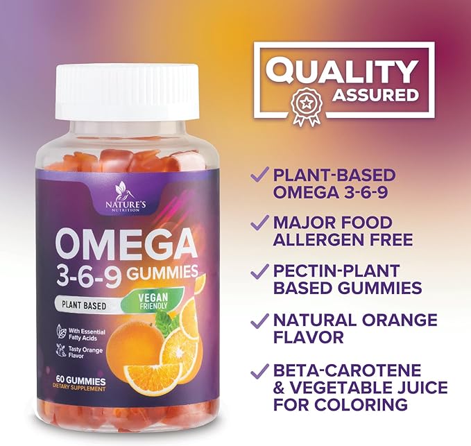 Omega 3 6 9 Gummies - Vegan Omega 3 Supplement Gummy - Essential Fatty Acids Oil 369 Complex Heart Support & Brain Support for Women, Men & Pregnancy, Fish Free Non-GMO, Orange Flavored - 60 Gummies