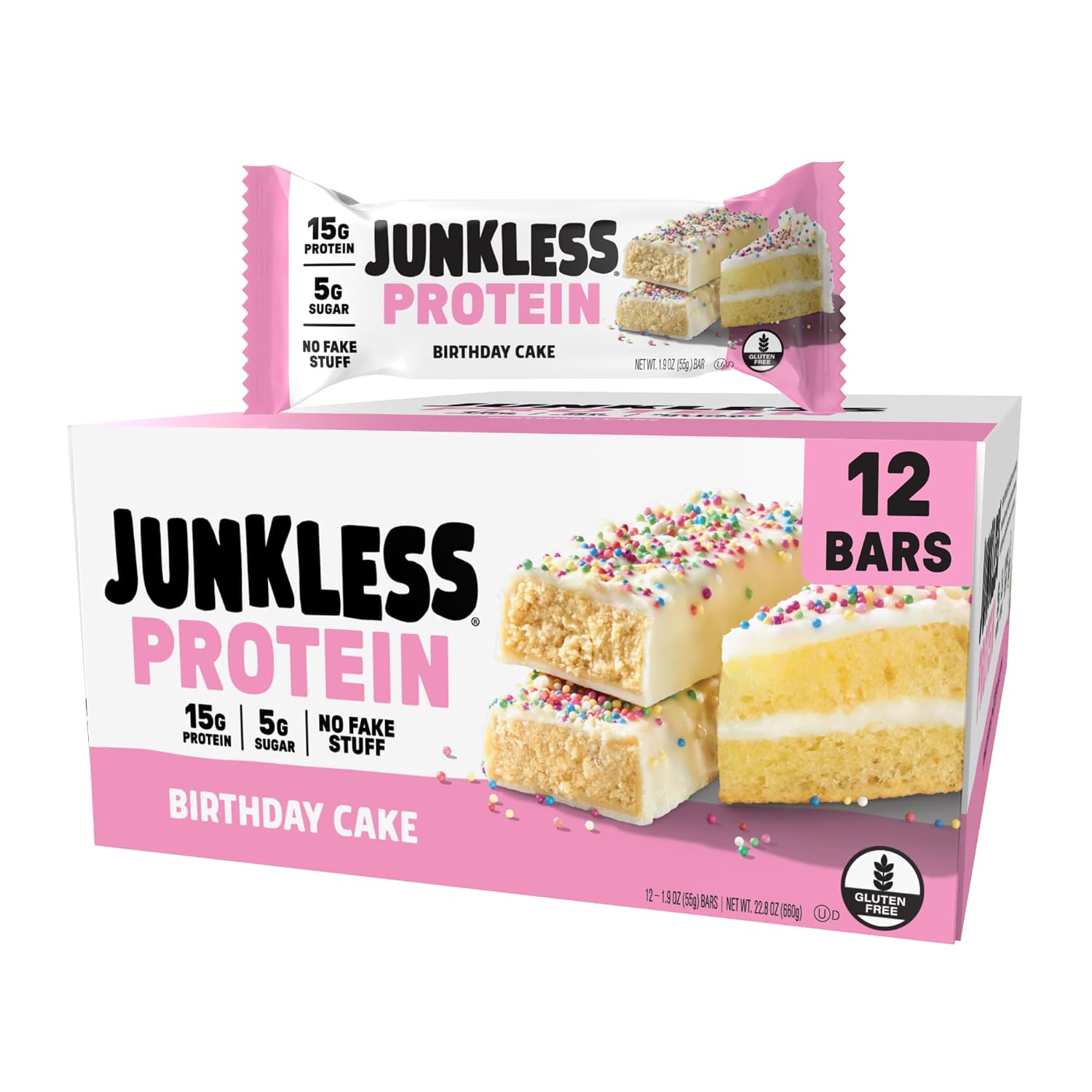 JUNKLESS Protein Bars - Birthday Cake - 15g Protein, Low Sugar, Gluten Free, High Fiber, Delicious Taste and Texture, Satisfying, Healthy Snack for Energy - 12 Bars