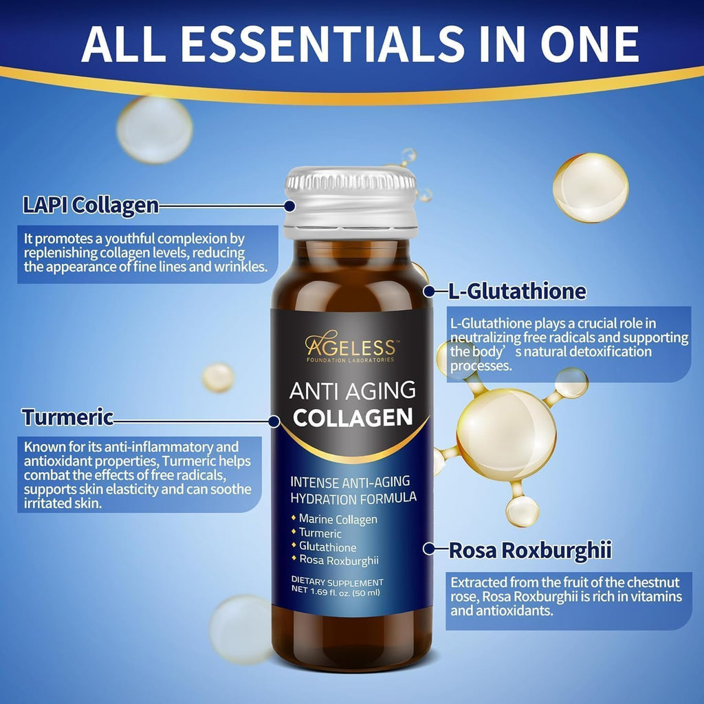 Ageless Ultra Anti Aging Liquid Collagen for Men & Women, Marine Collagen, Turmeric, Glutathione, and Rosa Roxburghii, Multi Vitamins, Skincare, Hydrating & Revitalizing Formula - 50 ml (10 Count)
