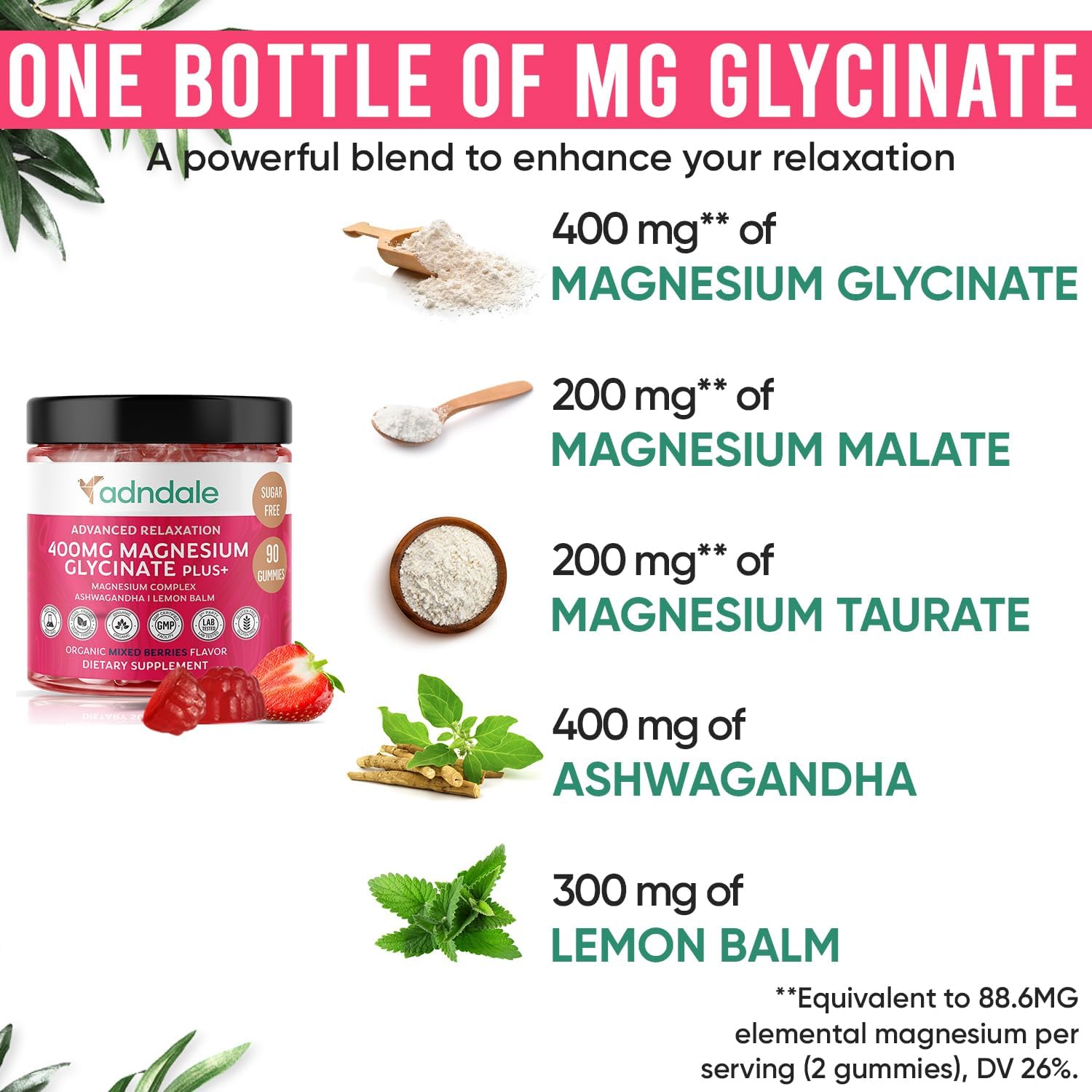 Adndale 180 CT Magnesium Glycinate Gummies 400 mg/Serv, with Ashwagandha, Magnesium Malate & Taurate, Sugar Free Chews for Adults & Kids Relaxation, Stress Relief, Night Rest, Muscle & Cardio Support