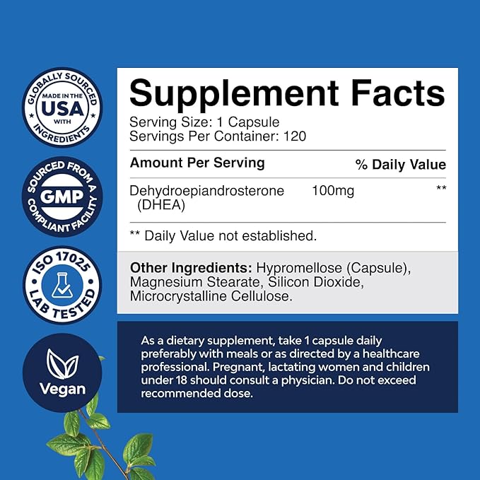 DHEA 100mg for Men and Women - Vegan High Strength DHEA Supplement for Women & Men Enhanced Energy and Hormone Balance & - Womens Hormone Balance Supplement - 120 Count