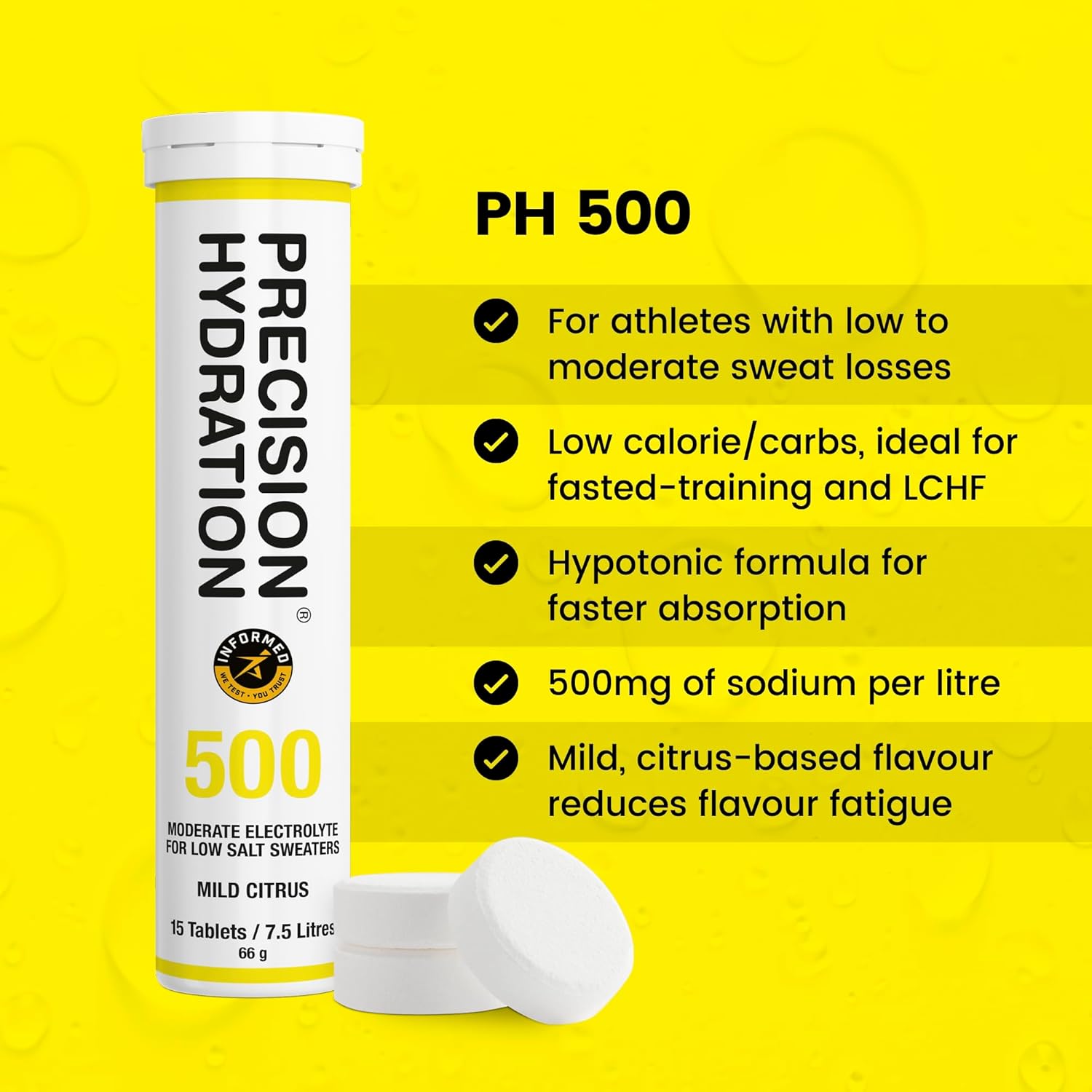 Precision Hydration Electrolyte Tablets - Multi Strength Effervescent Hydration Tablets - Combats Cramp - Low Calorie, Gluten Free, Vegan/Vegetarian Friendly (1 Tube, 500mg/L - Yellow Tube)