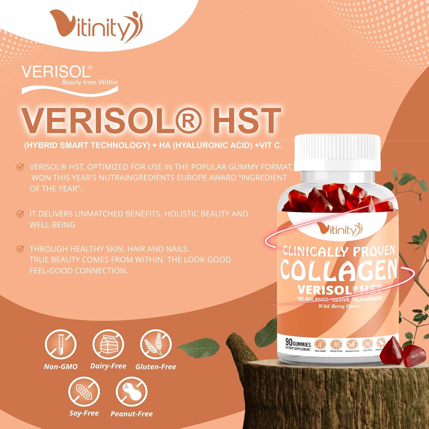 VITINITY VERISOL® HST+HA+VIT C Collagen Hard Chewy Gummies Clinically Proven Beauty.Firmer,Smoother Skin,Fewer Wrinkles,Reduced Cellulite.True Beauty from Within.The Look-Good Feel-Good -30 Day Supply