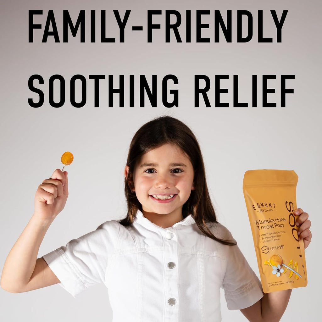 Egmont Honey Manuka Honey Throat Pops 20 Count | UMF 15+ New Zealand Honey with Vitamin C | Natural Soothing Lollipops for Kids & Adults