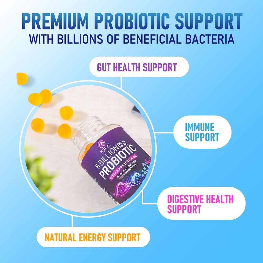 Probiotic Gummies 5 Billion CFU - Top 6 Pro Biotic Strains - Daily Probiotic Gummy Supplement for Women, Men & Teens - Natural Digestive Health, “Good” Gut & Immune Support - Orange Flavor - 120 Count