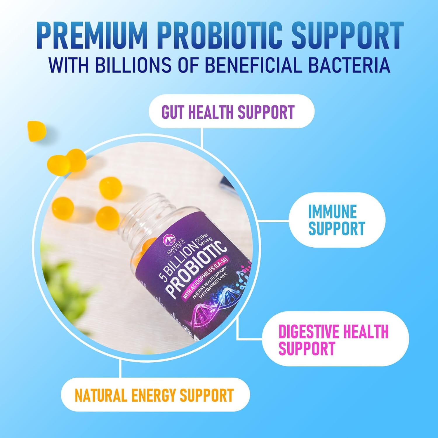 Probiotic Gummies 5 Billion CFU - Top 6 Pro Biotic Strains - Daily Probiotic Gummy Supplement for Women, Men & Teens - Natural Digestive Health, “Good” Gut & Immune Support - Orange Flavor - 60 Count