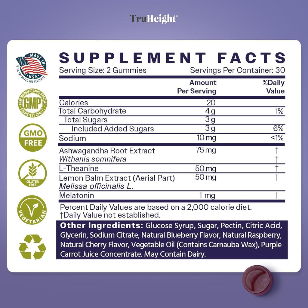 TruHeight Sleep Gummies - Kids & Teen Natural Sleep Aid for Maximum Growth - Pediatric Recommended - Kids Melatonin Gummy - Melatonin, Ashwagandha, L Theanine, Lemon Balm, Ages 4+, Mixed Berry Flavor