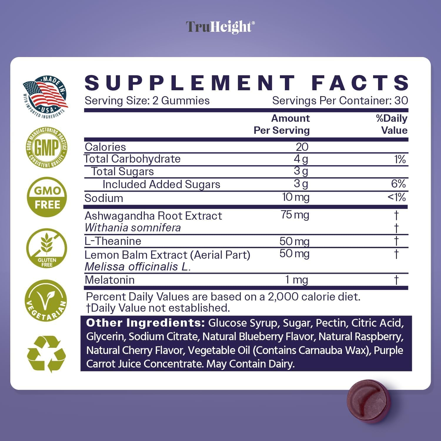 TruHeight Sleep Gummies - Kids & Teen Natural Sleep Aid for Maximum Growth - Pediatric Recommended - Kids Melatonin Gummy - Melatonin, Ashwagandha, L Theanine, Lemon Balm, Ages 4+, Mixed Berry Flavor