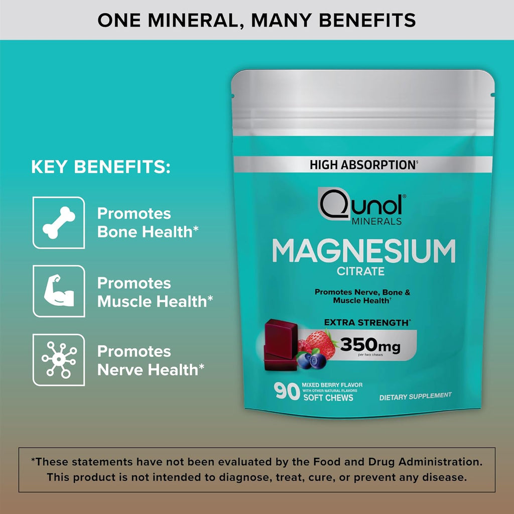 Qunol Magnesium Citrate Soft Chews, 350mg Extra Strength Magnesium Supplement, High Absorption to Support Nerve, Bone and Muscle Health, 90 Count
