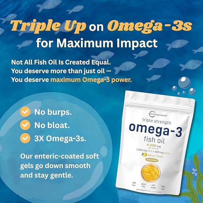 Micro Ingredients Triple Strength Omega 3 Fish Oil Supplements 4,200mg Per Serving, 240 Softgels – Lemon Flavored – Burpless | EPA 1,200mg + DHA 900mg | Deep Sea Fish