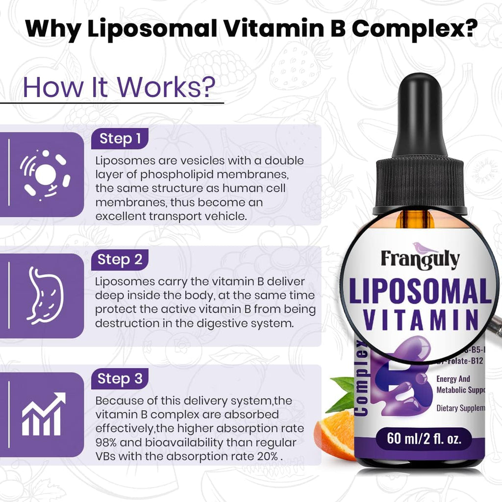 Liposomal Vitamin B Complex Liquid Sublingual B Complex Vitamins Supplement for Women Men Improved Absorption Methylated B12,B1, B2, B3, B5, B6,Folate,Biotin for Energy and Immune Support-8.0 oz