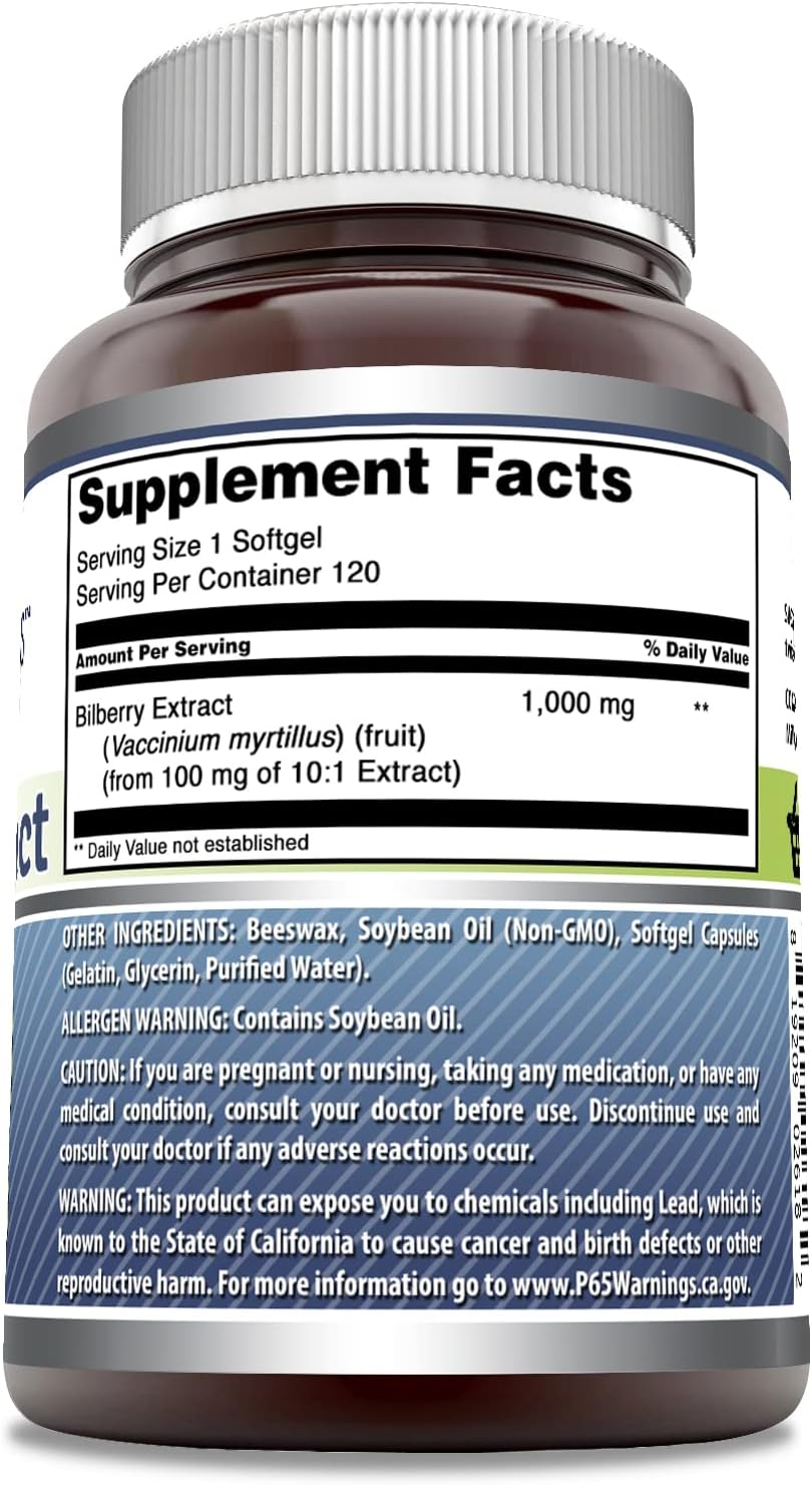 Amazing Formulas Bilberry Extract Supplement 1000 Mg 120 Softgels | Rich in Vitamins | Pure Extract of Bilberries