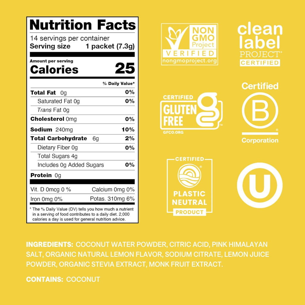 Cure Hydration | Plant-Based Electrolyte Drink Mix | No Added Sugar | FSA & HSA | Dehydration Relief Powder Made with Coconut Water | Non-GMO | Vegan | Pouch of 14 Packets - Lemonade
