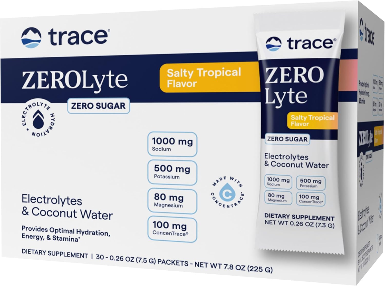Trace Minerals ZeroLyte Salty Tropical Flavor - Sugar Free Electrolyte Drink Mix - Supports Hydration, Energy, Stamina - Ancient Sea Salt, Full Spectrum Minerals, Coconut Water - 30 Packets