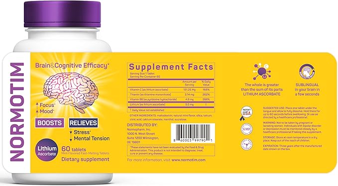 Brain Supplement for Memory & Focus – Lithium Ascorbate 5mg (Alternative to Lithium Orotate 5mg) – Brain Health, Mood & Stress Support – 60 Fast-Melt Tablets