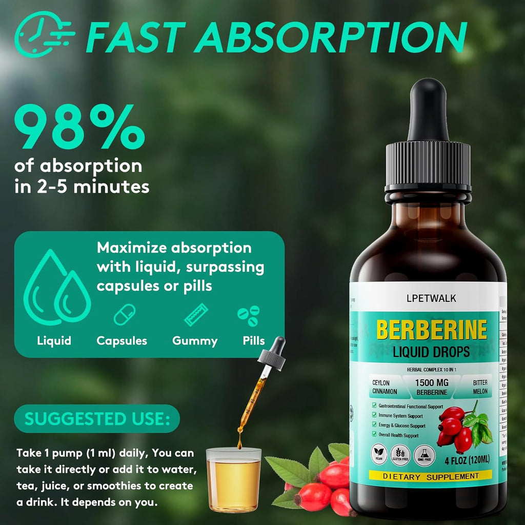 4 FL Oz Organic Berberine Liquid Drops, Premium Berberine Supplement Liquid with Ceylon Cinnamon, Bitter Melon, Sugar-Free & Vegan Supplement, 98% Absorption,120ML