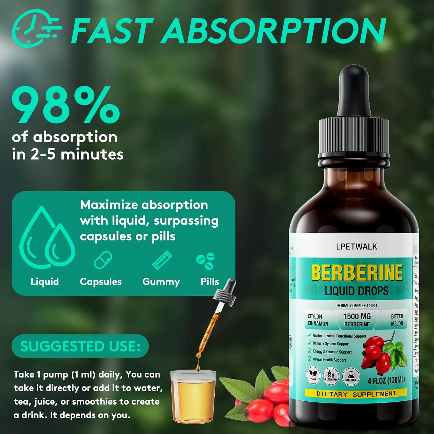 4 FL Oz Organic Berberine Liquid Drops, Premium Berberine Supplement Liquid with Ceylon Cinnamon, Bitter Melon, Sugar-Free & Vegan Supplement, 98% Absorption,120ML
