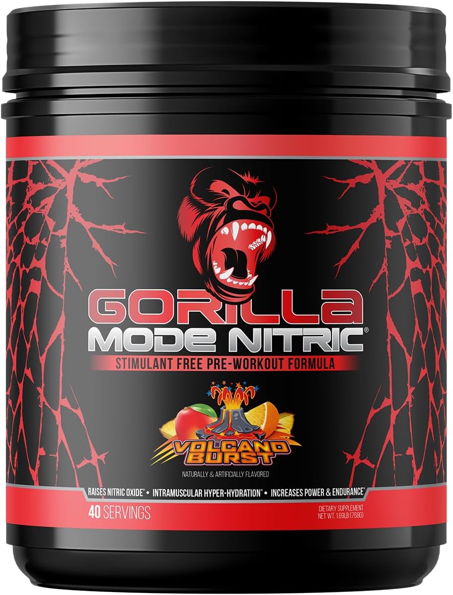 Gorilla Mode Nitric Upgraded Stimulant Free Pre-Workout – Best Tasting and Most Effective Stimulant Free Pre-Workout/Massive Pumps · Vasodilation · Power / 768 Grams (Volcano Burst)