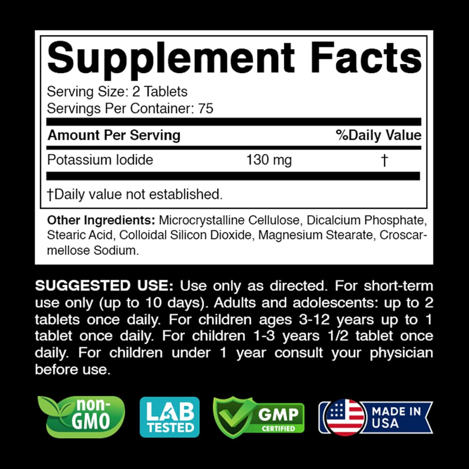 Potassium Iodide Dietary Supplement 130 mg per Serving - 150 Tablets (2 Bottles)