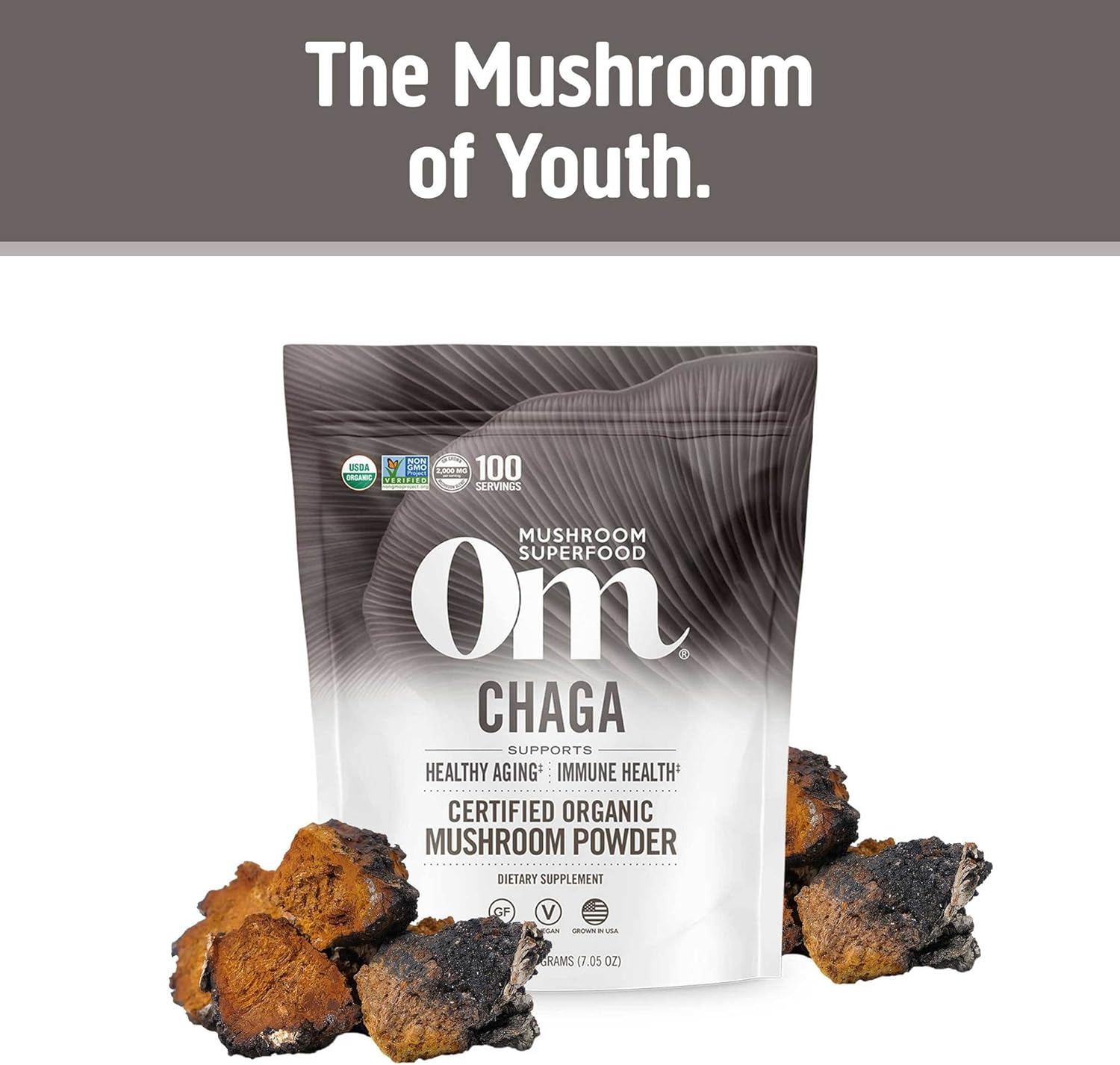 OM MUSHROOM SUPERFOOD Chaga Organic Mushroom Powder, 7.05 Ounce Pouch, 100 Servings, US Grown, Sacred Antioxidants & Immune Support, Superfood Mushroom Supplement