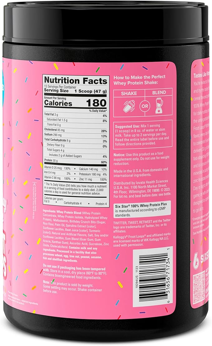Six Star Whey Protein Powder Plus | Muscle Building & Recovery Plus Immune Support | Muscle Builder for Men & Women | Kellogg’s Froot Loops Birthday Cake Flavor | 1.5lb
