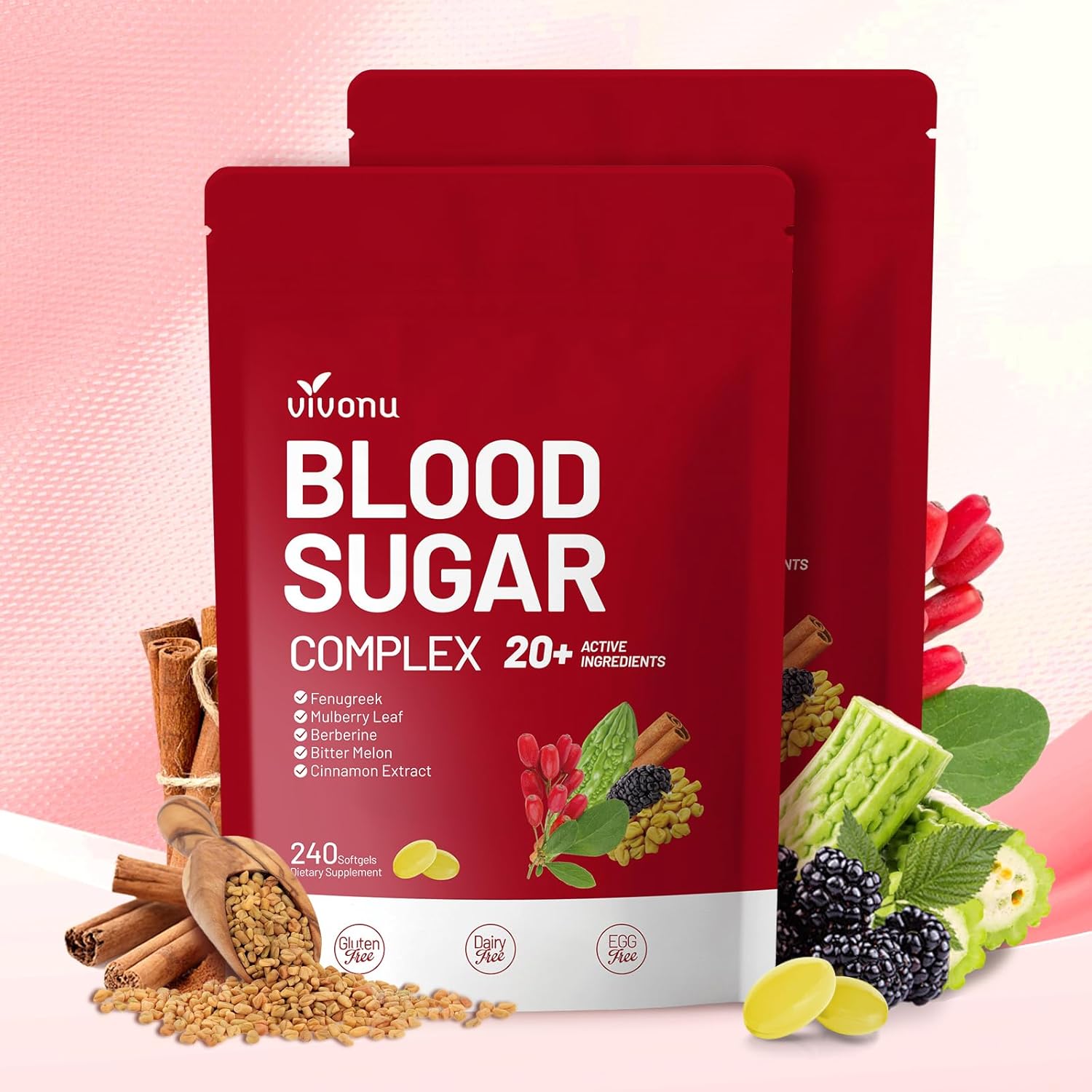 VivoNu Blood Sugar Complex 20+ Active Ingredients (480 Softgels/2 Bag)