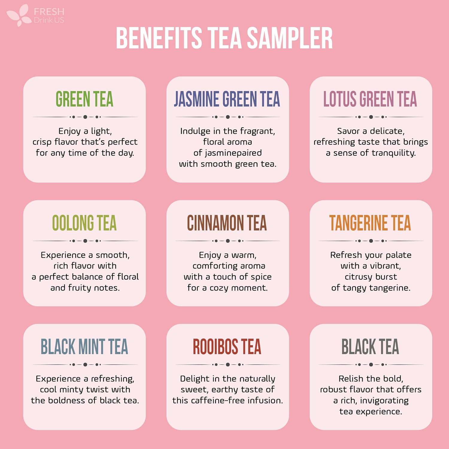 FreshDrinkUS, Premium 90 Tea Bags Sampler Assortment, 9 Different Flavors, 100% Natural Ingredients, Perfect and Well Combination Tea Gift for Tea Lovers, Friends and Family. No Additives, No Gluten, No Sugar, Vegan