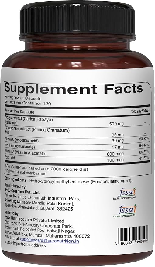 Pure Nutrition Papaya Complete | 120 Caps | Carica Papaya Leaf Extract with Iron, VIT C, VIT A & Folic Acid | Supports Platelet Immunity & Digestion Non-GMO | Gluten-Free