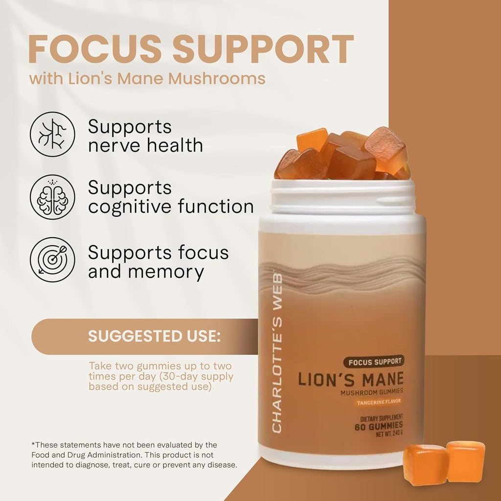 Charlotte's Web Focus Support Mushroom Gummies for Focus and Energy w/Lion’s Mane, Natural Cognitive Support Lions Mane Gummies for Adults — Tangerine Flavor (30 Servings)