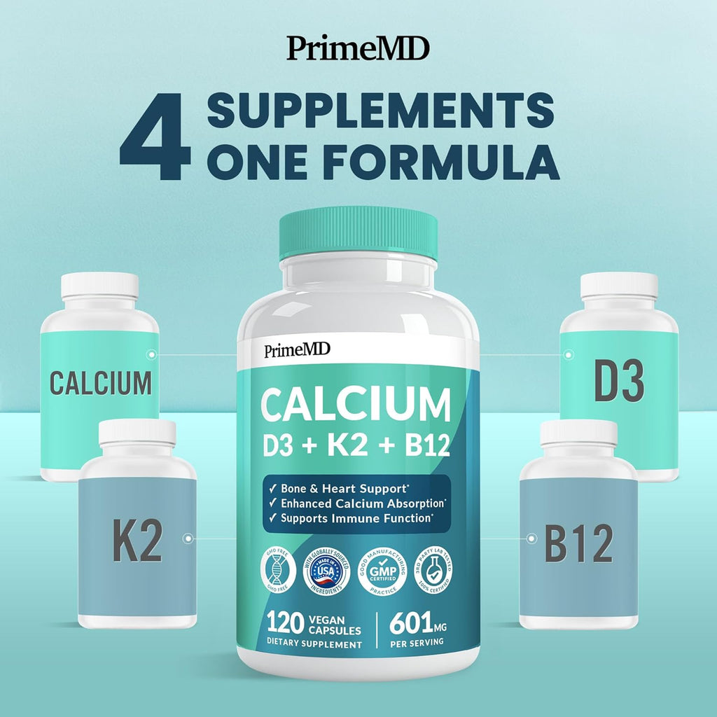 4-in-1 Calcium Supplements for Women and Men - Calcium with Vitamin D3 K2 5000 IU Supplement, 601mg per Serving for Heart, Bones & Body Defenses - Gluten-Free, Vegan-Friendly (240 ct)