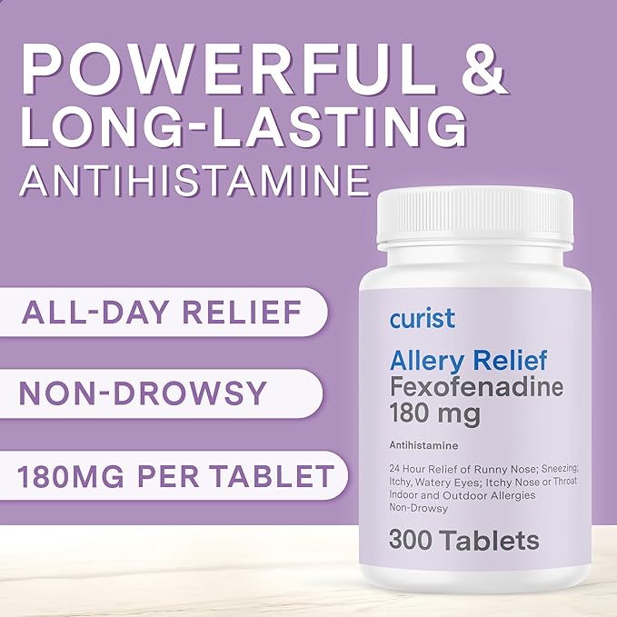 Curist Fexofenadine Hydrochloride 180mg (300 Tablets) - 24 HR Antihistamine Allergy Relief Tablets (300 Count) All Day Strength Generic Fexofenadine Bulk Non Drowsy Allergy Relief