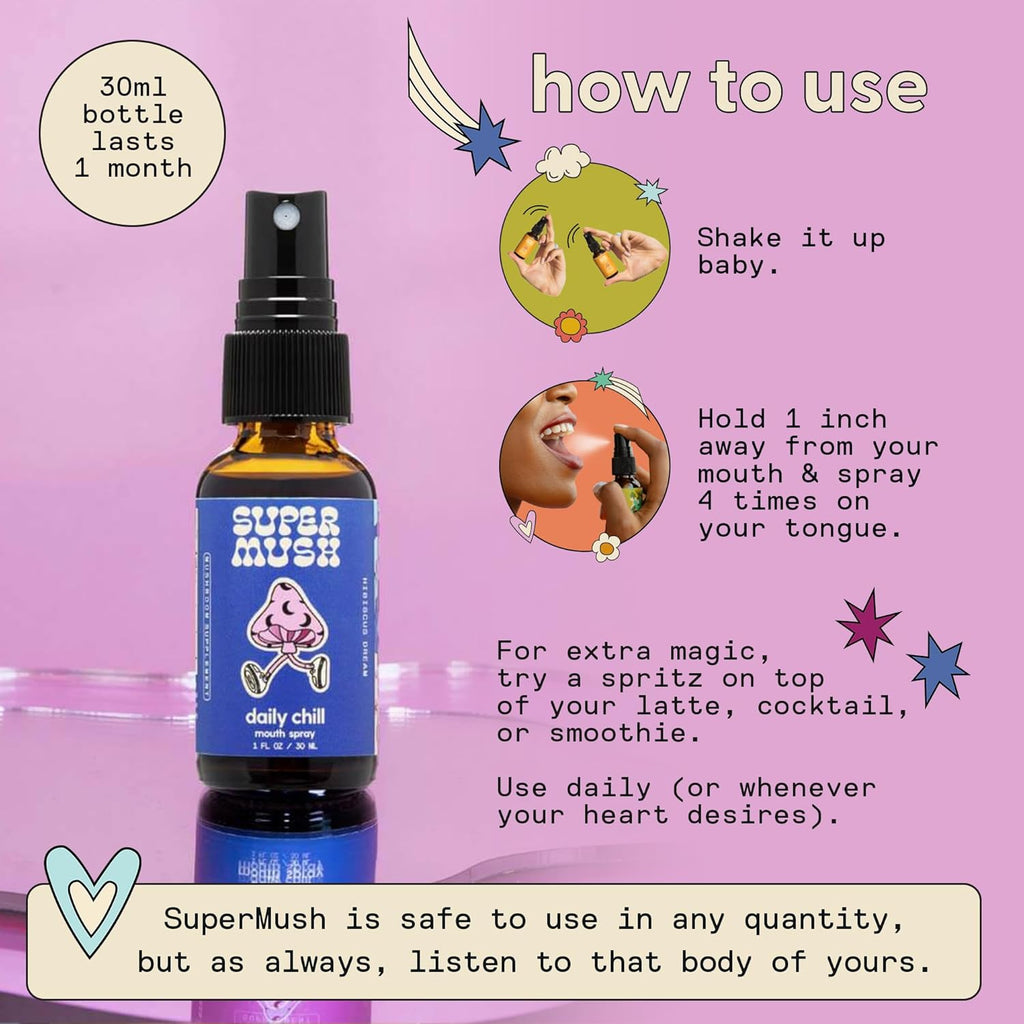 Daily Chill Mouth Spray - Mushroom Spray Supplement Reishi - Hibiscus & Ashwagandha Mixed Mushrooms Extract Pure Liquid Sprays - Stress Relief, Relaxing & Calming - 30ml Organic Lion’s Mane
