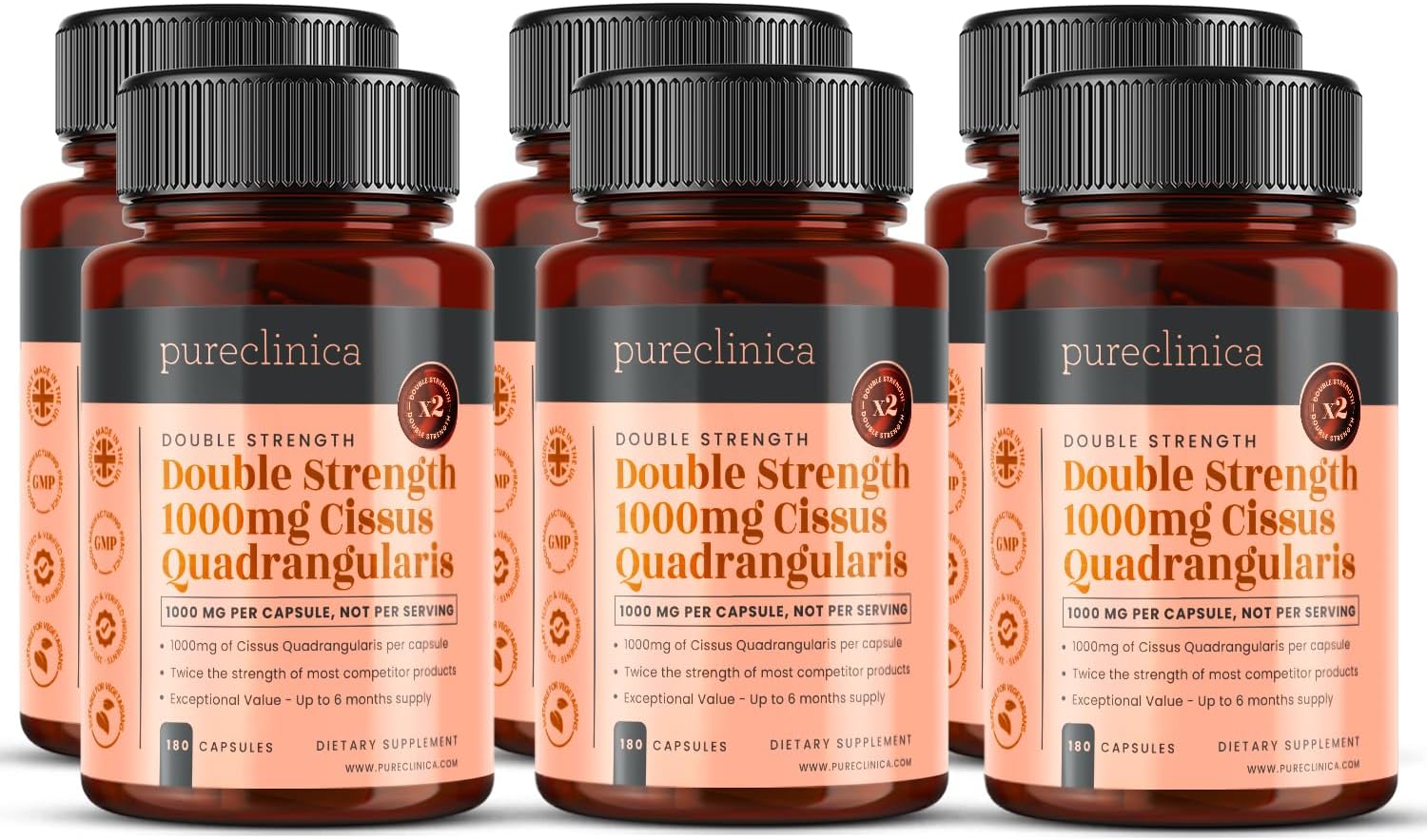 pureclinica Double Strength Cissus Quadrangularis 1000mg x 1080 Veggie Capsules(6 Bottles of 180)