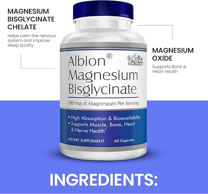 MilaMiAmor Albion® Magnesium Bisglycinate – Highly Absorbable Chelated Magnesium for Muscle, Nerve, Relaxation & Sleep Support – Gentle on Stomach, Vegan – 200mg per Serving, 60 Capsules