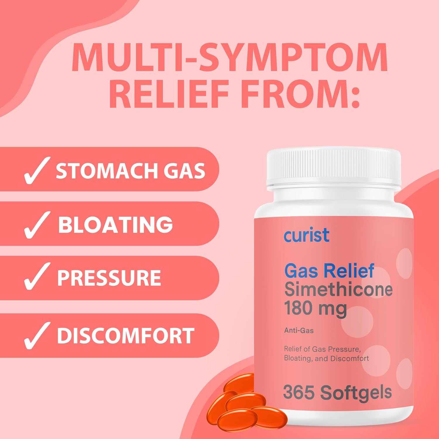 Curist Gas Relief Simethicone 180 mg Softgels (365 Count) - Digestive Relief, Bloating Relief & Anti Flatulence Gas Pills for Adults - Aids Bloating Relief (365 Softgels)