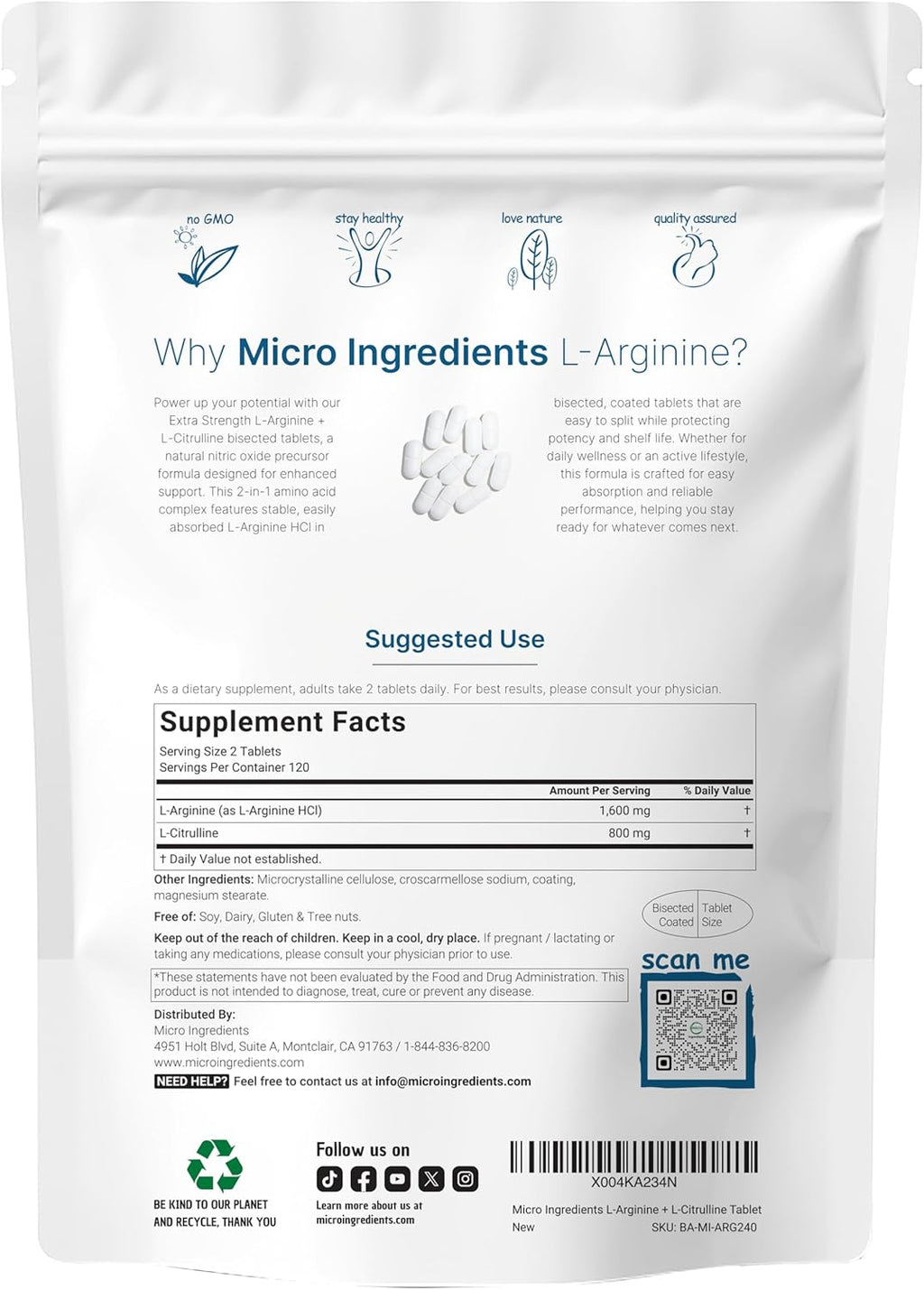 L-Arginine 1,600mg Nitric Oxide Supplement for Men with L-Citrulline, 240 Bisected Tablets | Nitric Oxide Precursor | Muscle, Energy, & Heart Support | Non-GMO, Gluten Free - 4 Month Supply