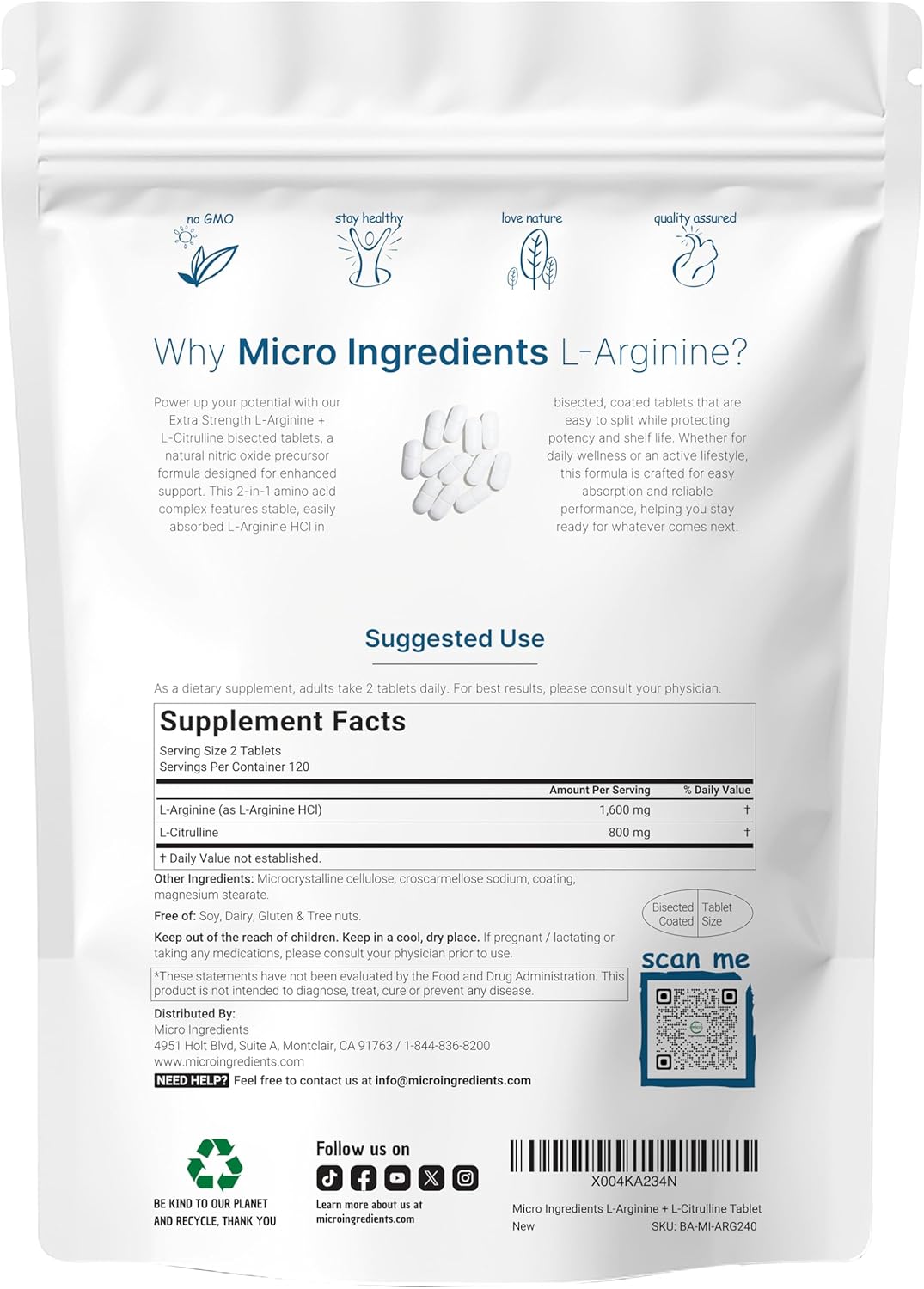 L-Arginine 1,600mg Nitric Oxide Supplement for Men with L-Citrulline, 240 Bisected Tablets | Nitric Oxide Precursor | Muscle, Energy, & Heart Support | Non-GMO, Gluten Free - 4 Month Supply