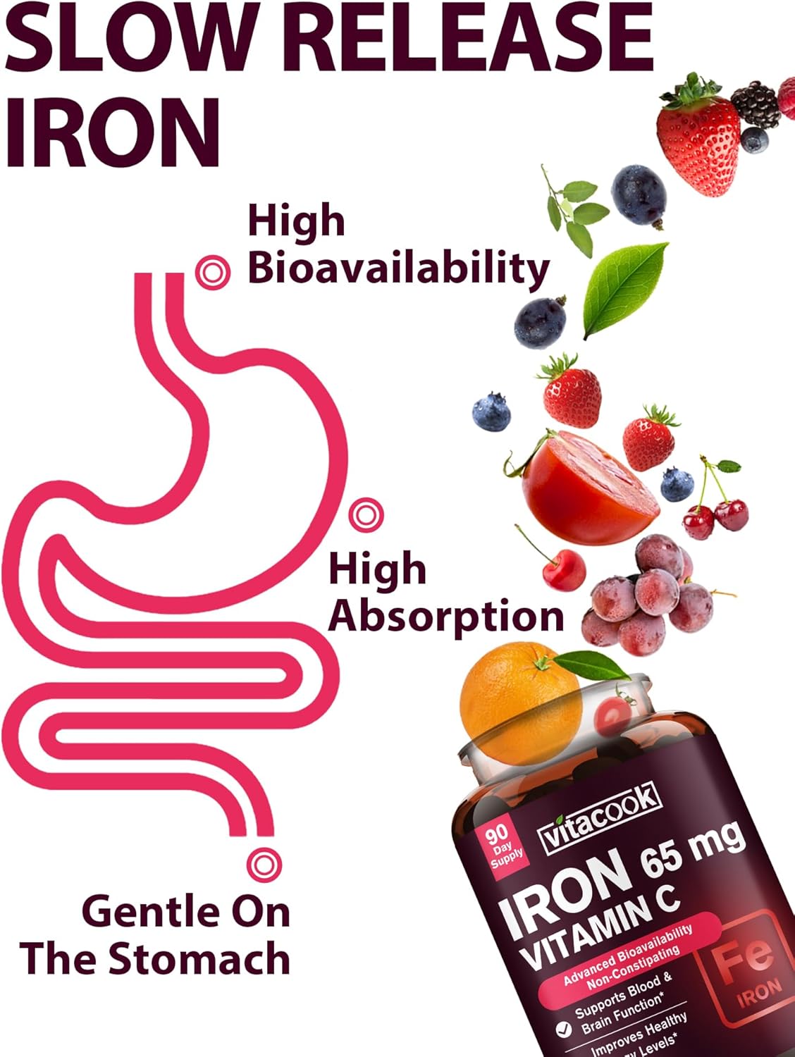 Iron Supplement for Women Men | High Potency Iron 65mg with Vitamin C 250mg | Stomach Friendly Iron Pills for Red Blood Cell & Immune Support | Vegan, Non-GMO & Gluten Free | 90 Tablets