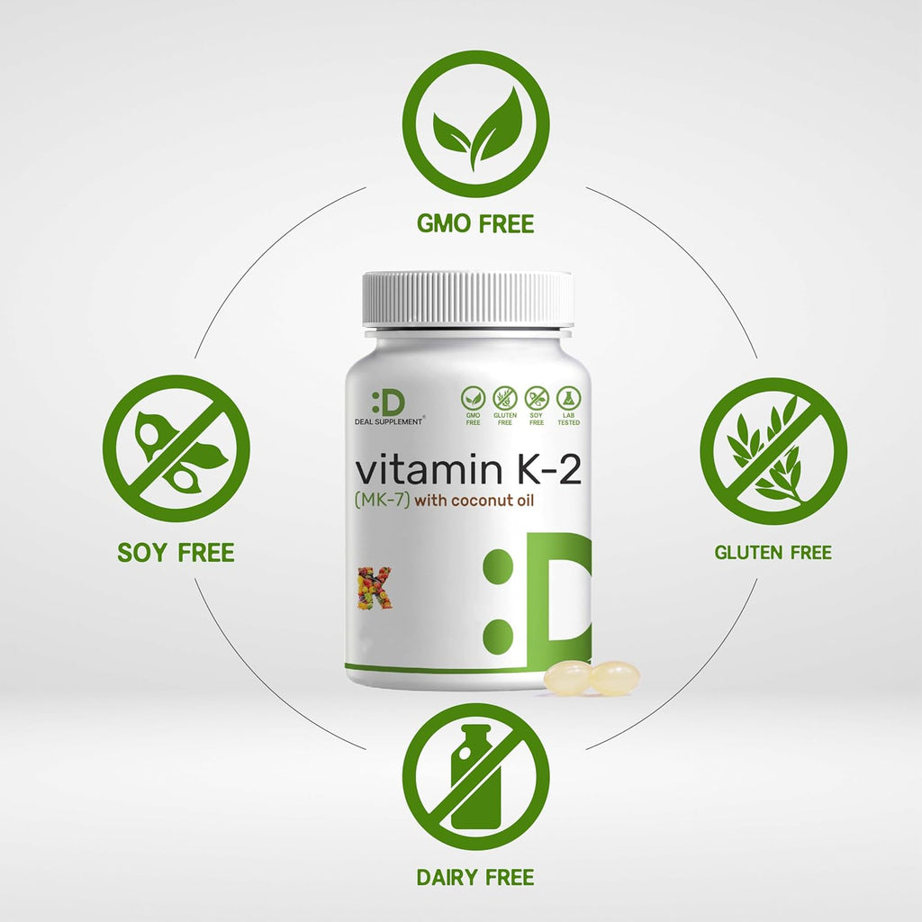 DEAL SUPPLEMENT Vitamin K2 MK-7 200mcg Per Serving, 240 Coconut Oil Softgels | Easily Absorbed Menaquinone-7 Form | Bone, Joint, & Immune Support – Non-GMO