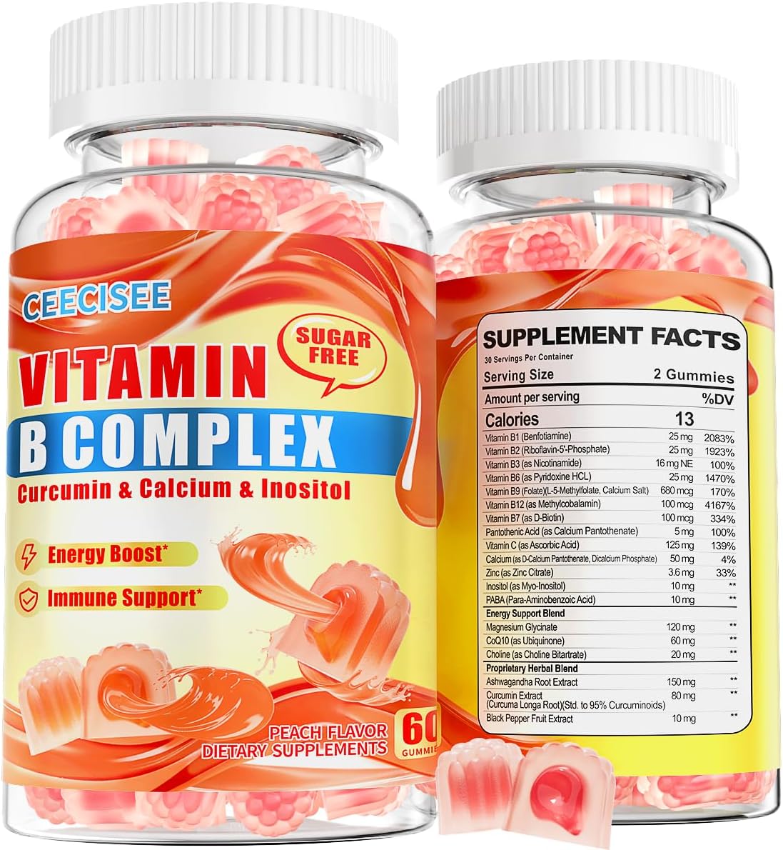 Natural Methylated Vitamins B Gummies: Chewable Supplement Complex with B1 B2 B3 B5 B6 B7 B9 B12 Zinc Magnesium Ashwagandha for Daily Energy Support - for Vegan Work Adults(120Count)