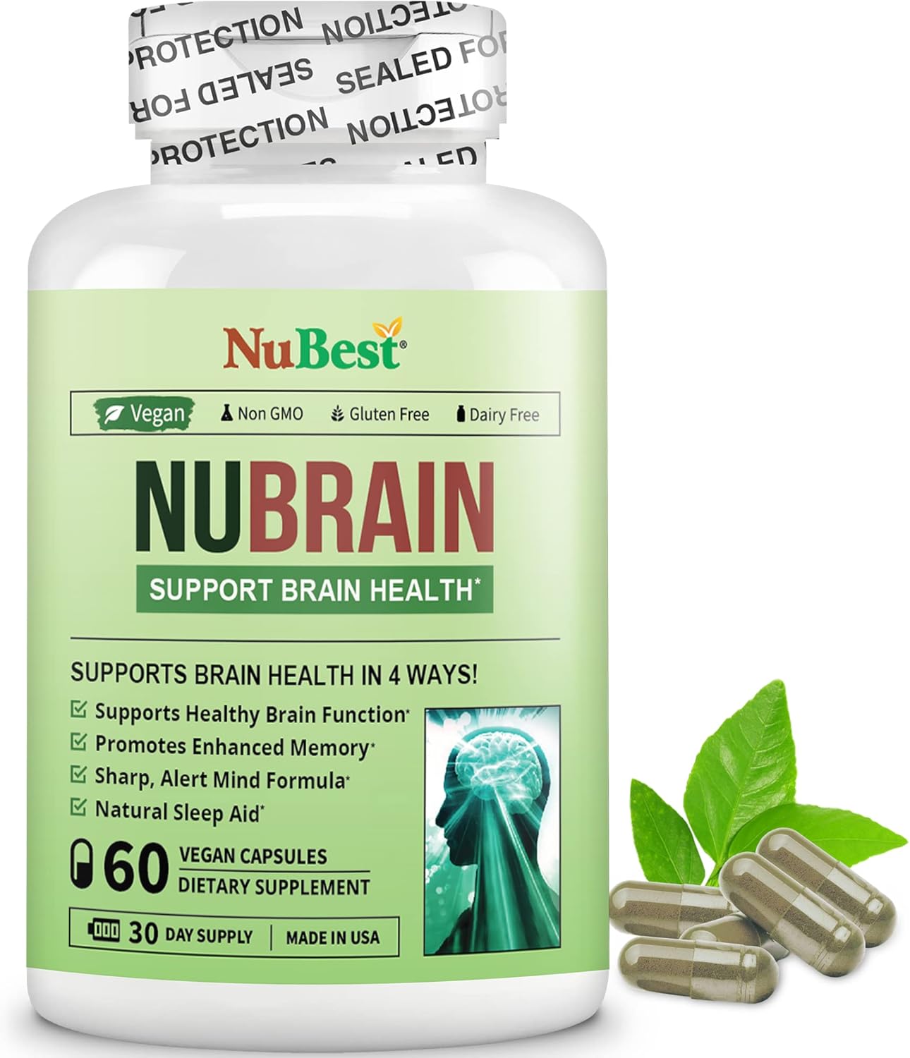 NuBrain Booster - Brain Supplement for Brain Booster, Memory, Focus & Clarity Support with St. John’s Wort, Ginkgo Biloba, Bacopa & More - Premium Nootropic Brain Supplement - 2 Pack