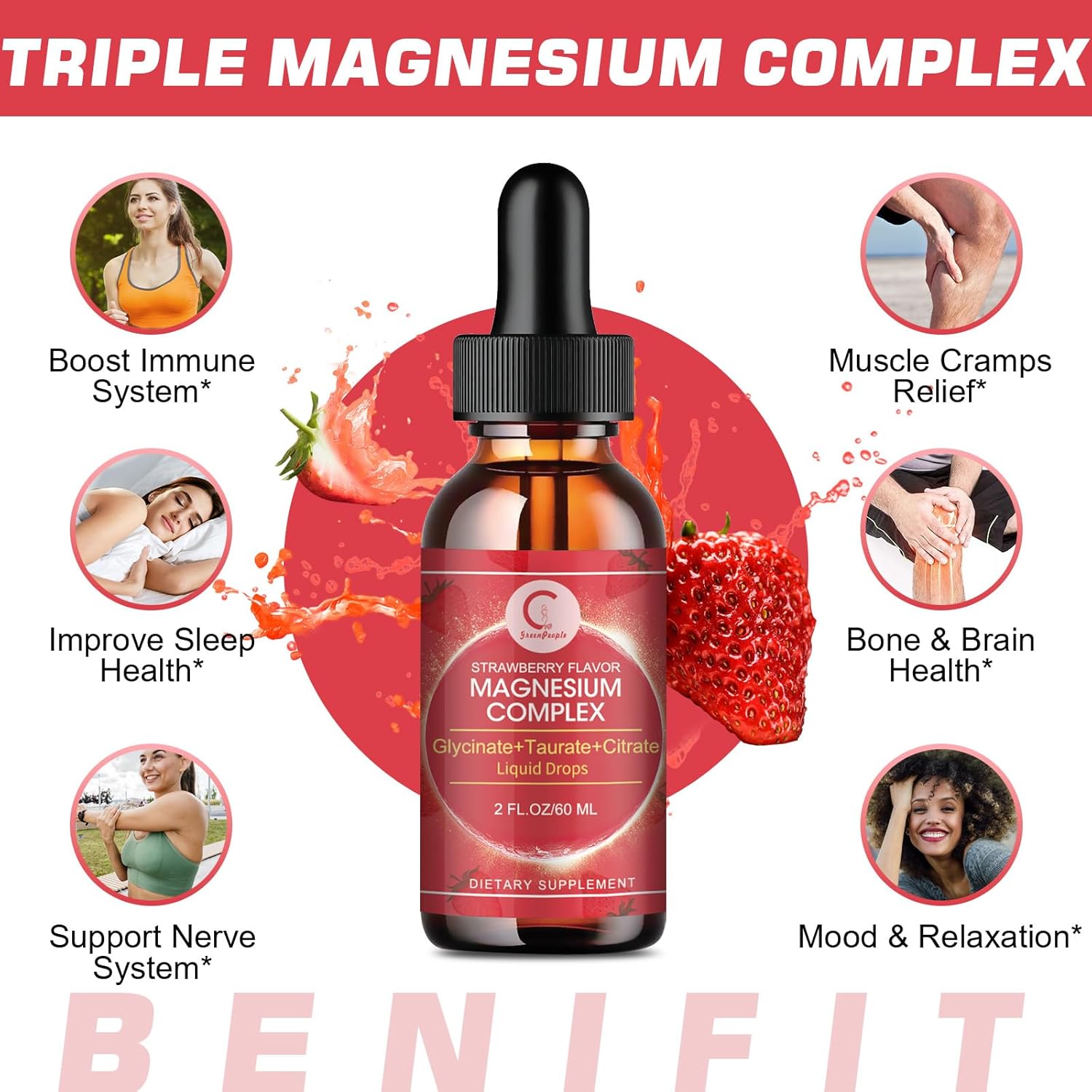 Triple Magnesium Complex Liquid Drops - Magnesium Glycinate Liquid Drops, Taurate & Citrate with L-theanine, Vitamin B6 for Sleep, Muscle, Immune Health, Vegan, Non-GMO, Strawberry Flavor, 2 Fl OZ