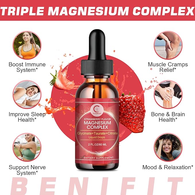 (2 Pack) Magnesium Glycinate Liquid Drops with Citrate & Taurate,Triple Magnesium Complex Supplement with Calcium, Potassium for Energy, Sleep, Muscle, Immune, Sugar Free, Strawberry Flavor, 4 Fl OZ