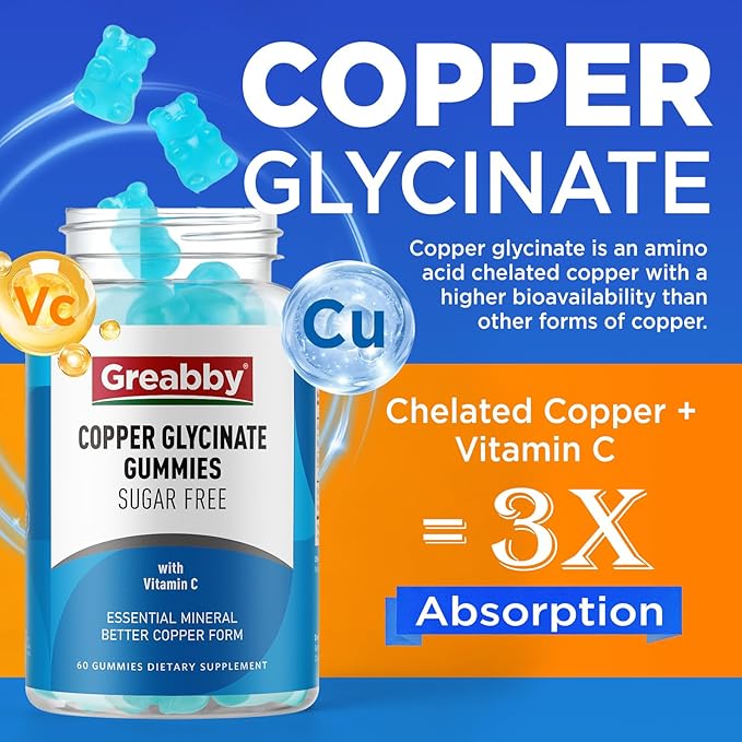 Copper Glycinate Gummies, 2mg Chelated Copper with Vitamin C, High Absorption Copper Supplements for Women 25-44, Immune, Energy, Skin & Bone Health, 60 Count