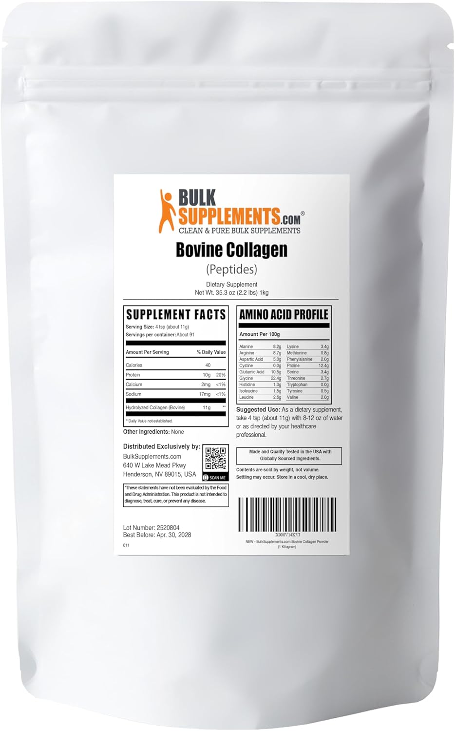 BulkSupplements.com Collagen Peptides Powder - Bovine Collagen Powder, Powdered Collagen Supplement - Hydrolyzed & Gluten Free, 11g per Serving, 1kg (2.2 lbs) (Pack of 1)