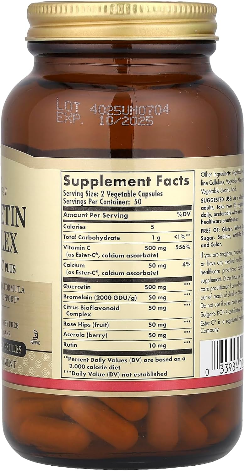 Solgar Quercetin Complex with EsterC Plus Vegetable Capsules Supports Immune Health Antioxidant Gentle on the Stomach Vitamin C NonGMO Vegan Gluten Free Dairy Free 50 Servings, Standard Packaging, 100 Count