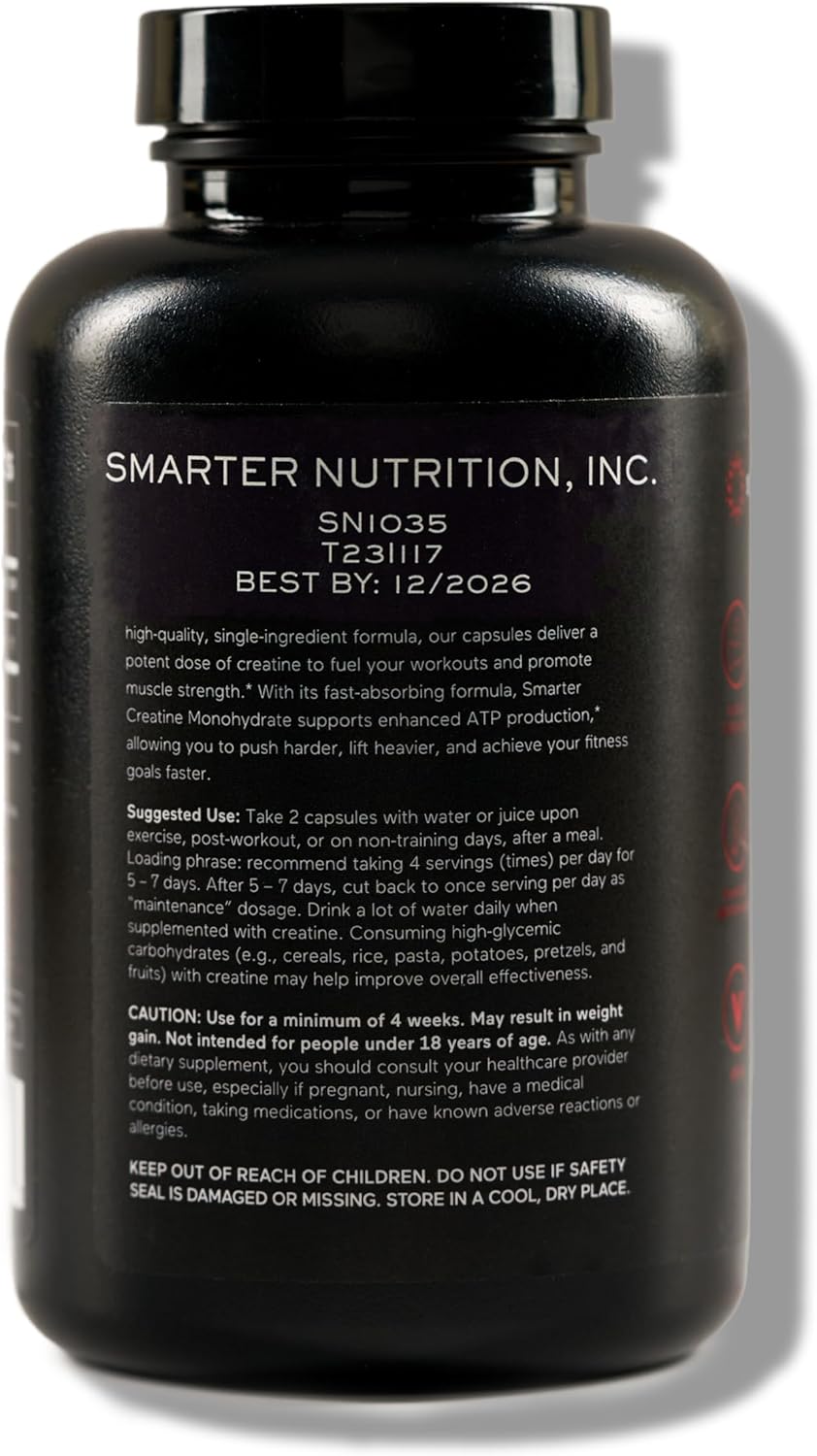 SMARTERNUTRITION Creatine Monohydrate Pills with 2500mg (2.5g) Per Serving, Vegan Capsules - Pre & Post Workout Recovery Support, Promotes Muscle Mass &. Endurance - 120 Count[60-Day Supply]