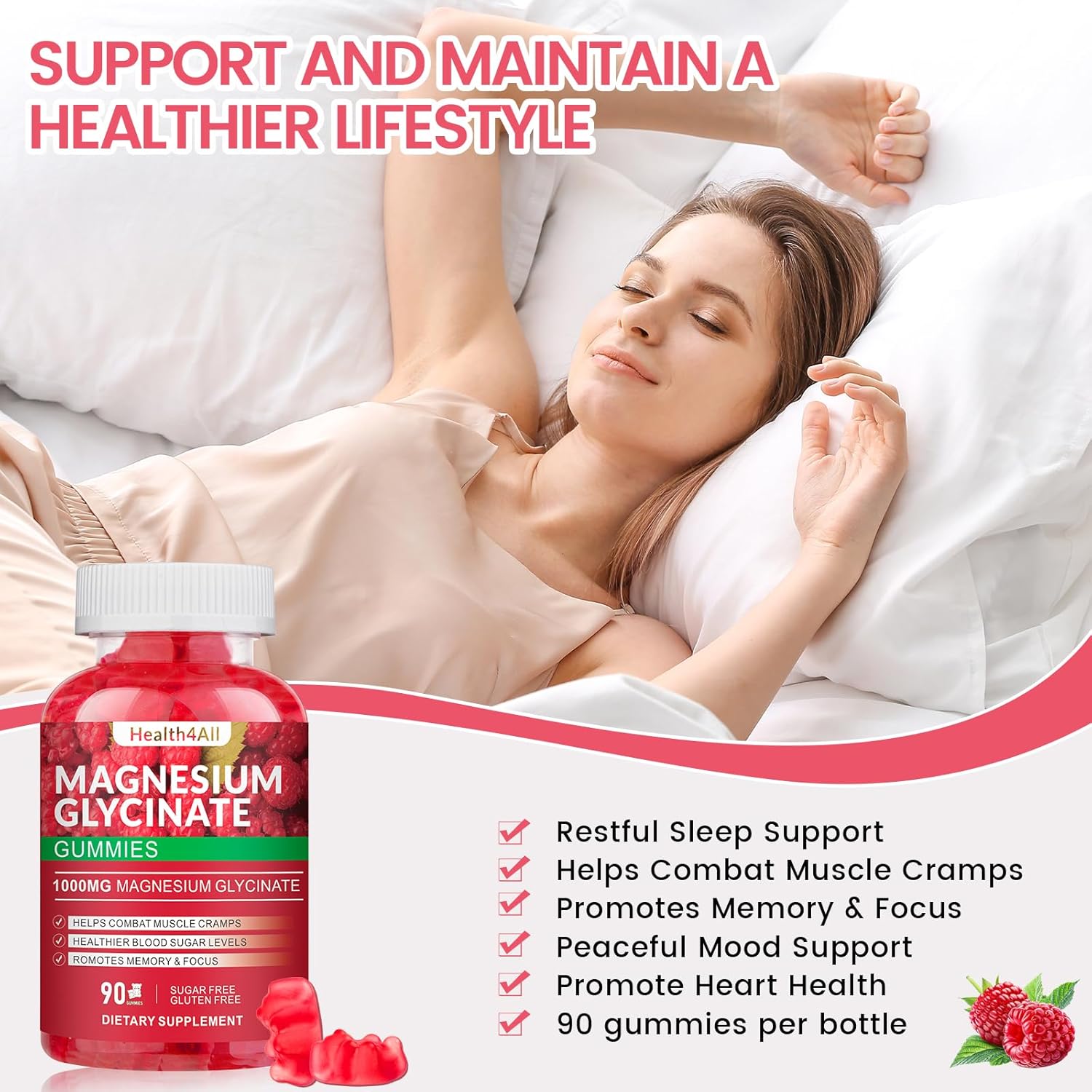 Magnesium Glycinate Gummies 1000mg, High Absorption Sugar Free Magnesium Potassium Supplement for Relaxation, Stress Relief, and Sleep Support for Adults & Kids - 90 Raspberry Gummies