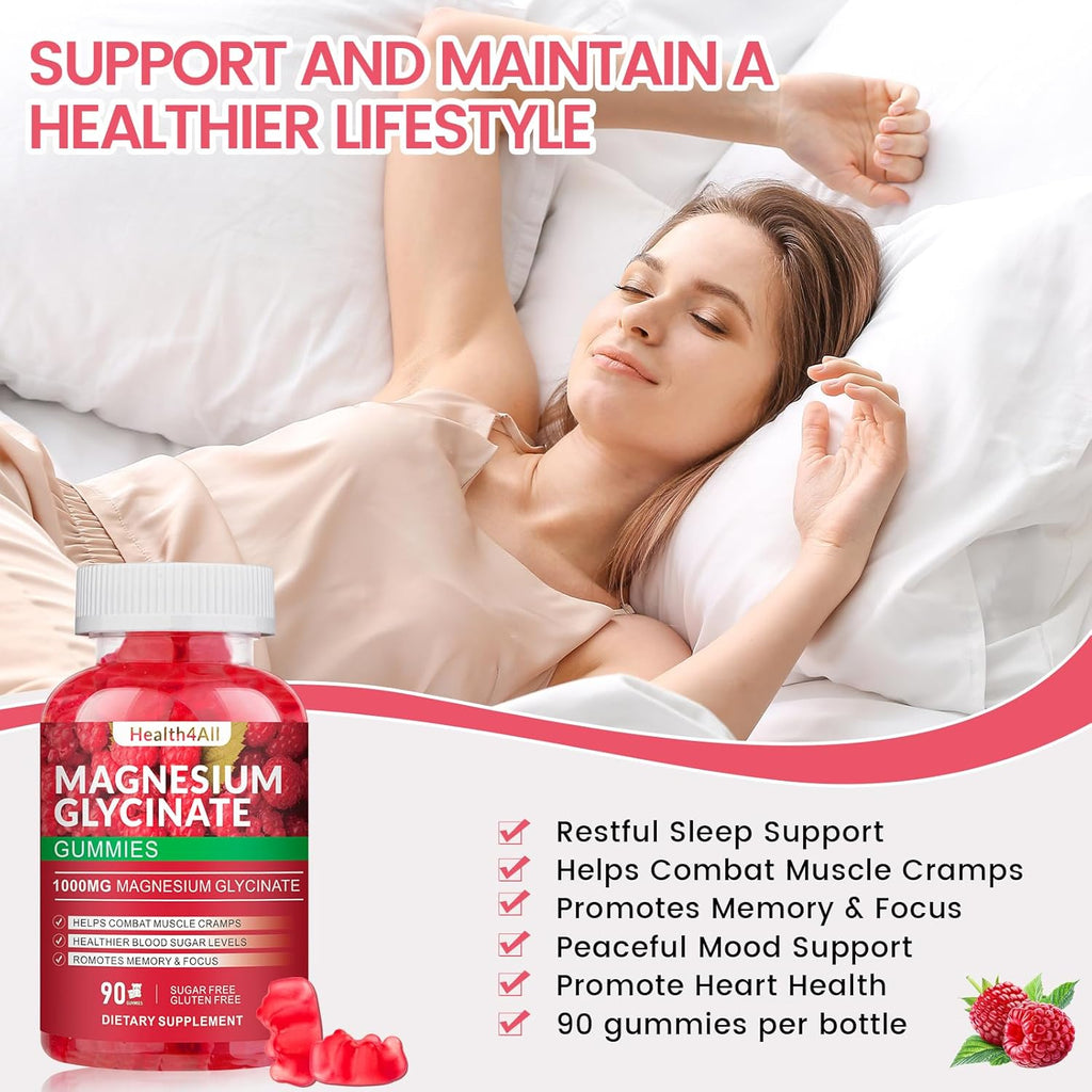 Magnesium Glycinate Gummies 1000mg, High Absorption Sugar Free Magnesium Potassium Supplement for Relaxation, Stress Relief, and Sleep Support for Adults & Kids - 180 Raspberry Gummies